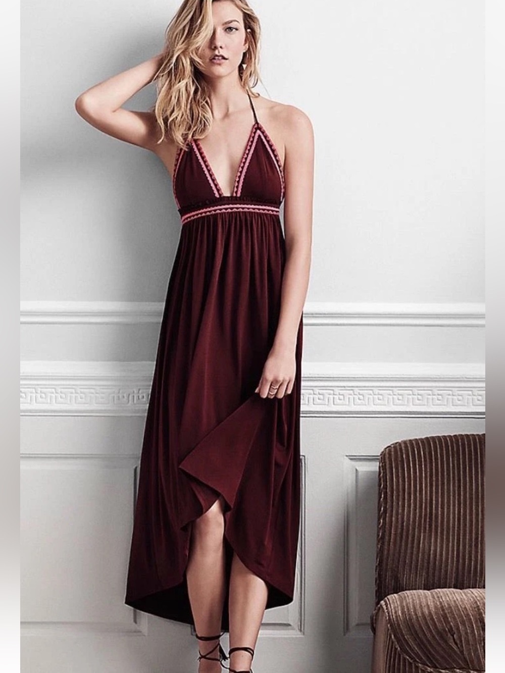 Express Embroidered Trim Halter Maxi Dress